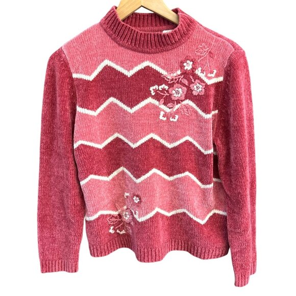 Vintage Pink Retro Chenille Mock Neck Sweater Embroidered Flowers Large Cottage - Picture 1 of 6